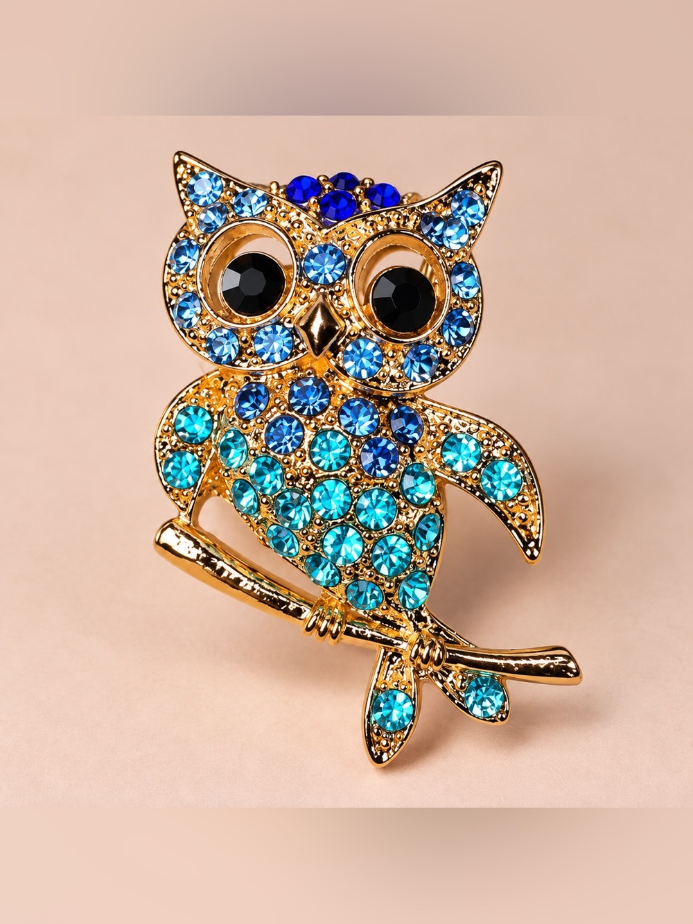 Gold-Tone Blue Crystal Owl Brooch - Turquoise & Cobalt Accent